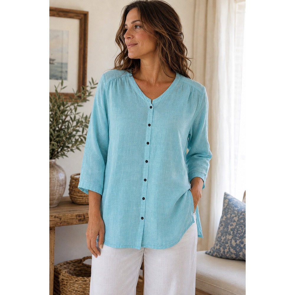 Poetry Linen Button Front Tunic Top V-Neck 3/4 Sleeve Blue Lagonlook Coastal